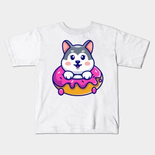 Cute baby husky with doughnut cartoon Kids T-Shirt